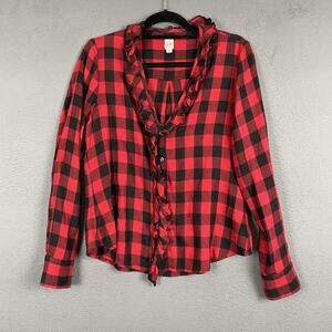 Gap Shirt Womens Medium Red Black Ruffle Front Long Sleeve Buffalo Plaid Check